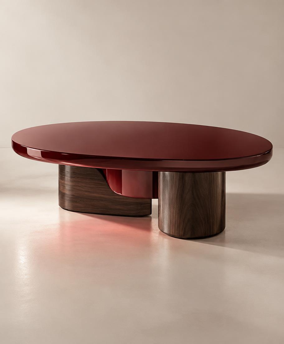 Masă joasă sculpturală din lac burgundy și nuc